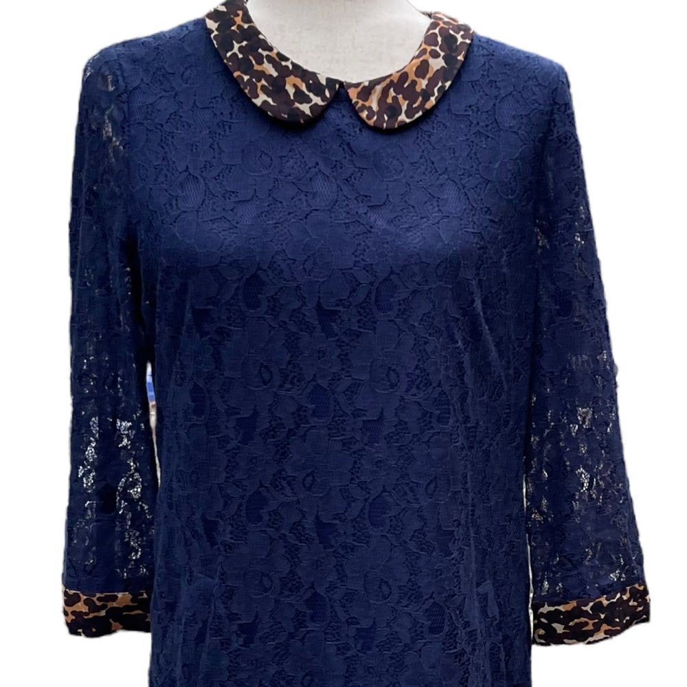 Whistles Navy Blue Lace Mini Dress Animal Print Leopard Silk Collar Cuff Trim - Picture 2 of 8